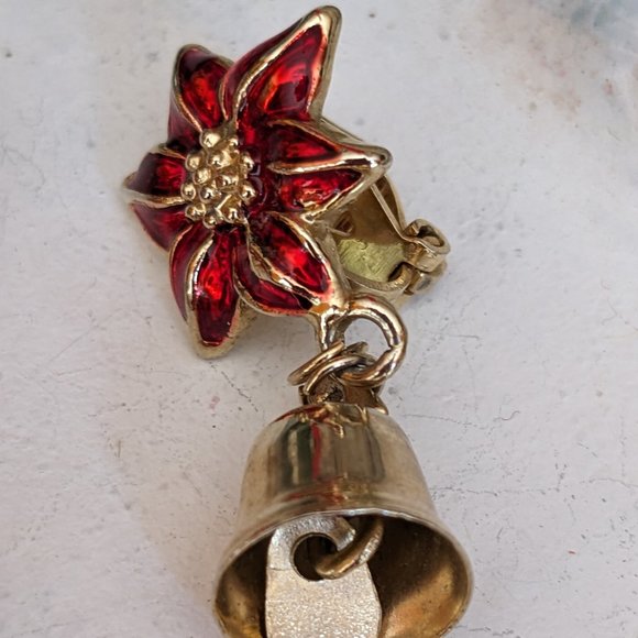 Dainty Christmas Clip On Earrings Bell Hangs From Enamel Painted Poinsettia - Picture 5 of 6